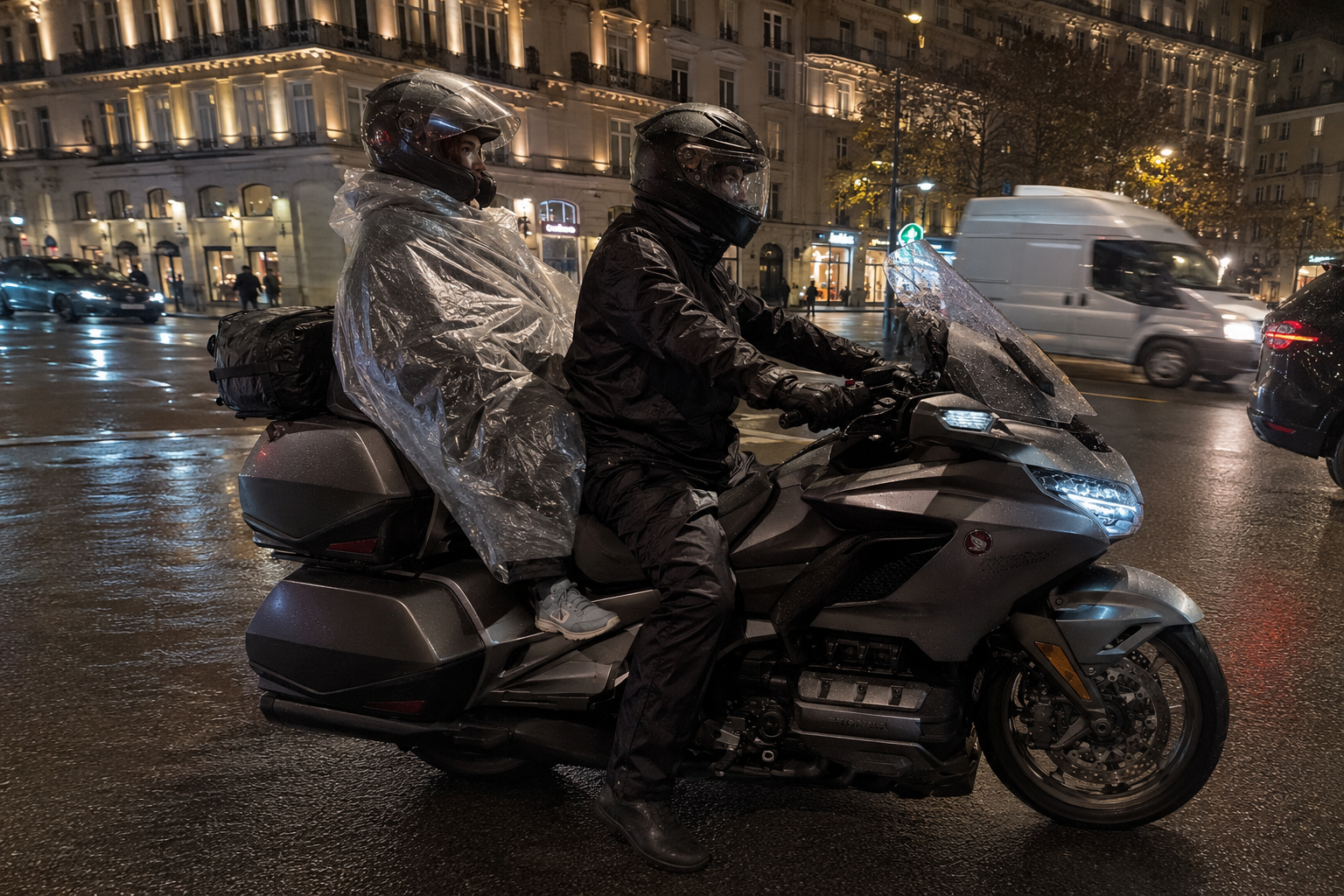 Taxi moto quittant Paris avec un tarif indicatif affiché pour un transfert complet vers Roissy CDG